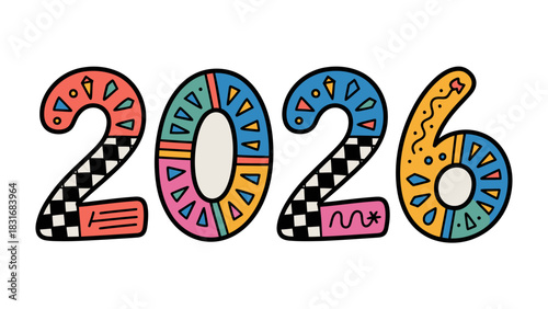 Colorful 2026 Illustration: Bold, artistic, and celebratory depiction of the year 2026. This vibrant graphic is perfect for greeting cards, invitations.