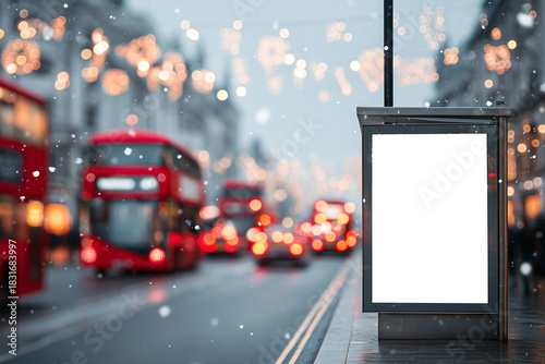 London winter banner mockup with festive lights and iconic bus blur.