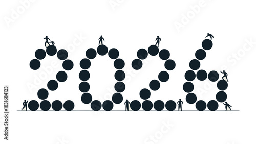 Vision 2026: Silhouette figures collaborate to build the future, forming the number 2026 with precision and teamwork, symbolizing goals and ambitions.