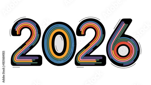 Year 2026: A vibrant and colorful depiction of the year 2026, where the numbers are creatively designed with a cascade of interwoven, bright rainbow hues.
