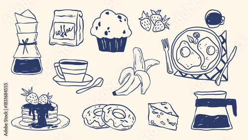 Hand drawn breakfast doodle icon set with coffee cup, crayon style muffin and pancakes, banana and strawberries, fried eggs on plate. Brunch cafe food line collection for menu or kitchen design.