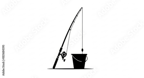 Fishing Pole Leaning Against Bucket Silhouette White Vector