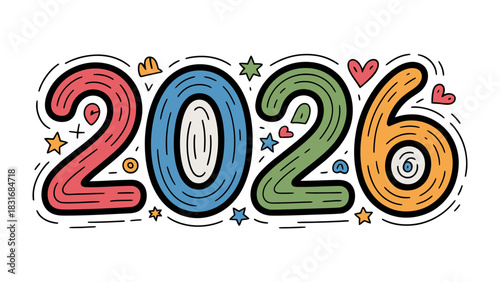 Year 2026: A vibrant and colorful graphic showcasing the year 2026, embellished with playful details. It's a whimsical representation of the upcoming year.