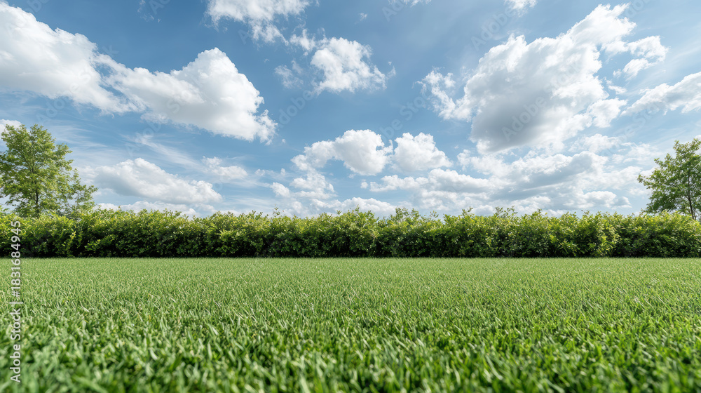 Fototapeta premium Green grass field blue sky with fluffy clouds and distant hedge creating peaceful open landscape