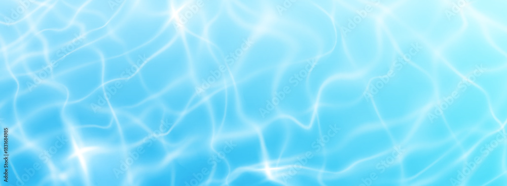 Fototapeta premium Pool water texture with rippling surface patterns and shimmering caustic reflections. Blue liquid background with realistic wave effects, sunlight overlay and aquatic elements for summer graphics.