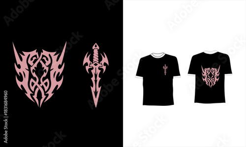 This fierce tribal emblem t-shirt blends a razor edged shield and dagger motif into a bold, mystical statement piece, crafted for fans of dark aesthetics, warrior-style graphics, and powerful symbolic