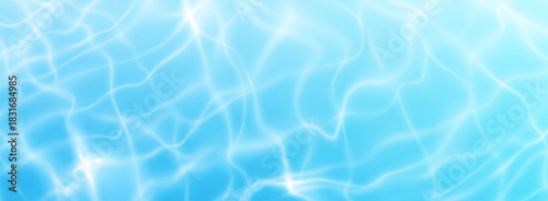 Pool water texture with rippling surface patterns and shimmering caustic reflections. Blue liquid background with realistic wave effects, sunlight overlay and aquatic elements for summer graphics.