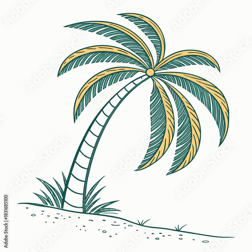 Vector illustration stylized illustration of a leaning palm tree with green and yellow fronds on a light background