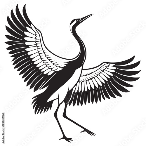 Vector illustration black and white illustration of a majestic crane bird with wings fully spread in a graceful, dancing pose