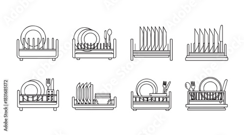 Collection of eight different dish drying rack silhouettes with plates and cutlery