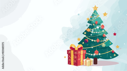 Vector illustration of a festive Christmas background featuring a prominent gift box with a flat design, surrounded by a beautifully decorated Christmas tree