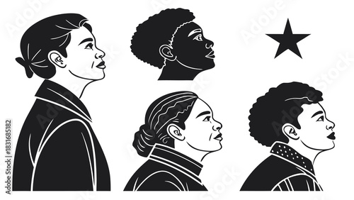 Vector illustration black and white illustration of diverse individuals looking upward toward a single star