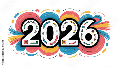 Vibrant 2026: A cheerful, colorful design showcases the year 2026, radiating optimism and anticipation for future possibilities. This artistic representation uses a playful blend of colors and shapes.
