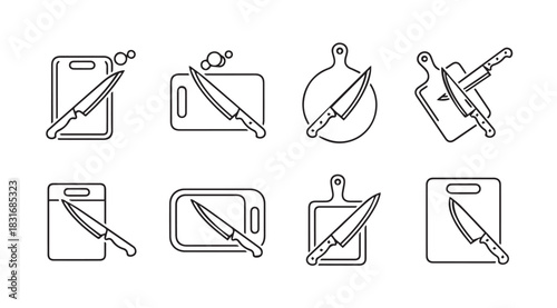 Collection of eight knife and cutting board silhouettes in a sketch style