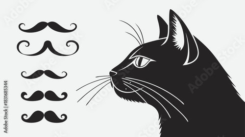 Vector illustration black cat profile silhouette next to a collection of five different stylized mustache designs in black