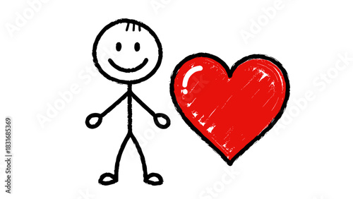 Stick Figure with Red Heart Love and Affection in Simple Line Art