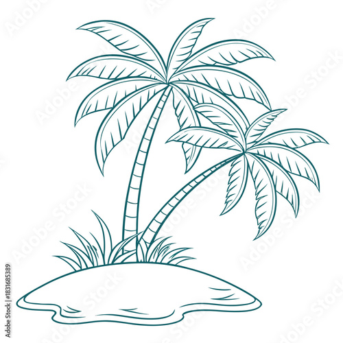 Vector illustration outline drawing of two palm trees growing on a small tropical island patch