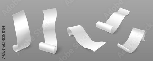 Long paper bill mockup in 3D realistic style - isolated white receipt roll for shop payment. Blank thermal check template with paper texture for grocery store, restaurant POS or supermarket cashier.