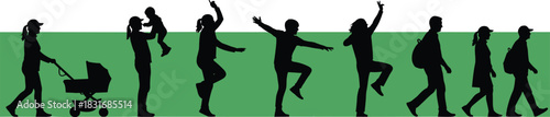 Life stages silhouettes, stroller pushing, child holding, playful movement, walking figures, daily activity scene, human development concept, flat vector