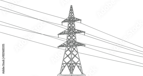 Detailed high voltage electric power transmission lattice steel tower and connecting lines, black and white industrial infrastructure CAD vector illustration for energy supply and engineering design.