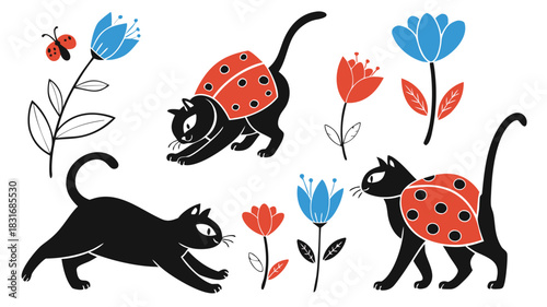 Vector illustration whimsical black cat illustration wearing ladybug shell costume among stylized colorful flower and butterfly elements