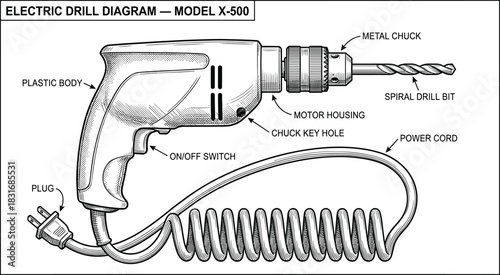 Detailed vector line art diagram of an electric power drill, Model X-500, with labeled parts, illustrating technical specifications, machinery, and industrial equipment design.