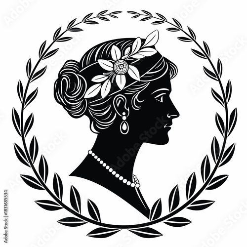 Vector illustration black silhouette profile of a classical woman wearing laurel wreath and jewelry