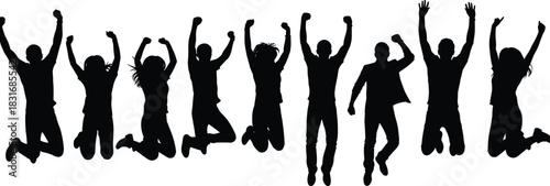 Jumping people silhouettes, raised arms, celebration pose, joyful movement, unity concept, expressive gesture, success theme illustration, teamwork energy, flat vector