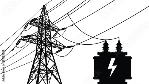 Electrical power grid vector bundle: transmission towers, lines, and transformer, detailed CAD line art set for high-voltage engineering, energy infrastructure, and technical design projects.