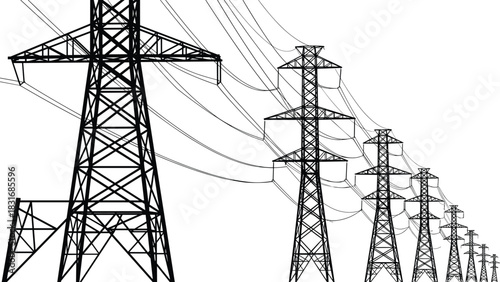 High-voltage power transmission line towers in decreasing scale, detailed black vector line art industrial infrastructure drawing for electrical engineering projects and energy distribution systems.
