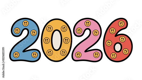 Year 2026: The vibrant year 2026 is adorned with charming smiley faces. This image evokes feelings of optimism and excitement for the future. 