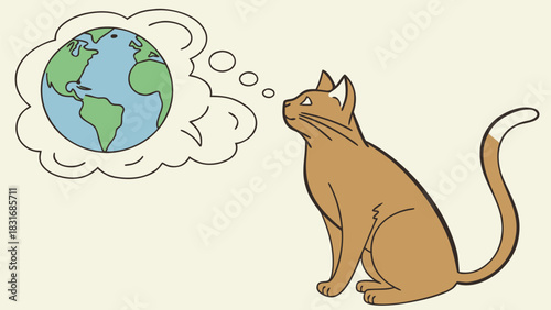 Vector illustration a cartoon illustration of a brown cat sitting and thinking about the planet earth in a thought bubble