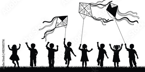 Children flying kites, outdoor play, joyful movement, silhouette illustration, grassy field scene, freedom expression, childhood activity concept, flat vector