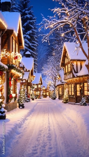 Winter village street scene with snow-covered cottages and festive lights during a clear evening