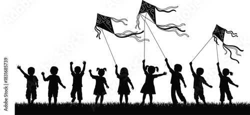 Children flying kites, outdoor play, joyful silhouettes, grassy field scene, playful movement, childhood freedom, recreation activity illustration, flat vector