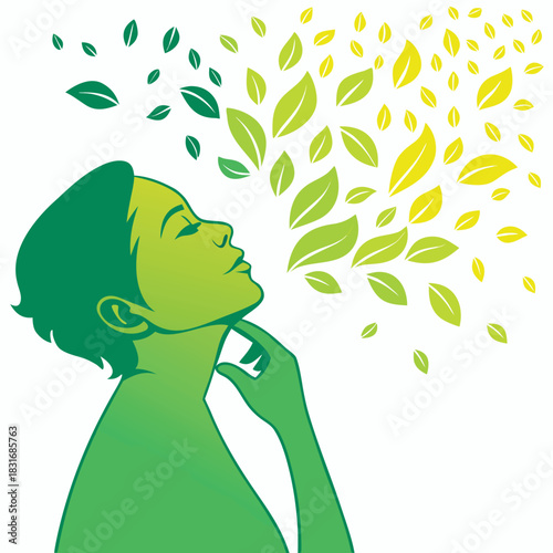 Vector illustration woman breathing in fresh air with green and yellow leaves symbolizing nature and vitality
