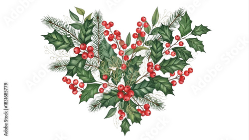 Watercolor Christmas Heart Wreath with Holly Leaves, Pine Branches and Red Berries Illustration