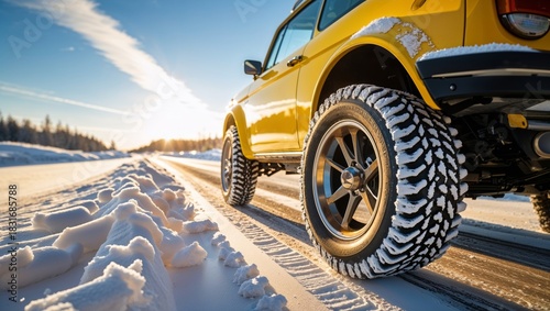 Yellow off-road vehicle driving on a snowy road in winter