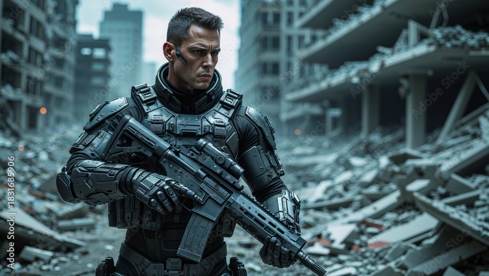 Obraz premium Soldier in futuristic combat gear surveys a war-torn urban landscape