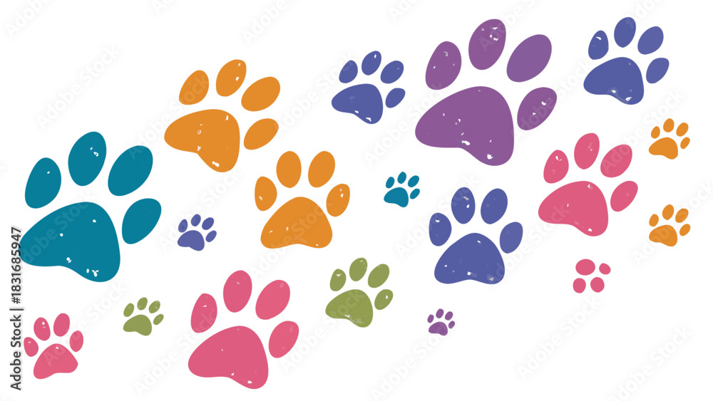 Fototapeta premium Vector illustration colorful assortment of scattered dog paw prints in various sizes and vibrant hues on a