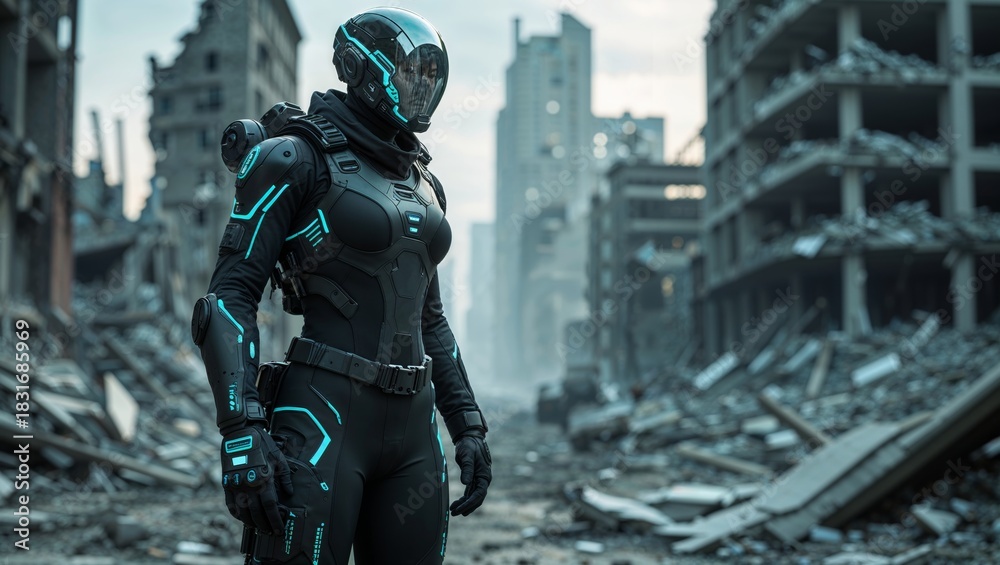 Naklejka premium Futuristic warrior stands in a post-apocalyptic cityscape, ready for action