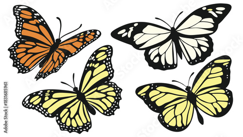 Vector illustration illustration of four monarch and swallowtail butterflies in orange, yellow, and black and white colors