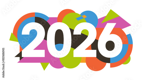 2026 Typography: A vibrant graphic design of the year 2026, set against a backdrop of colorful, abstract shapes, promising a modern and dynamic view into the future.