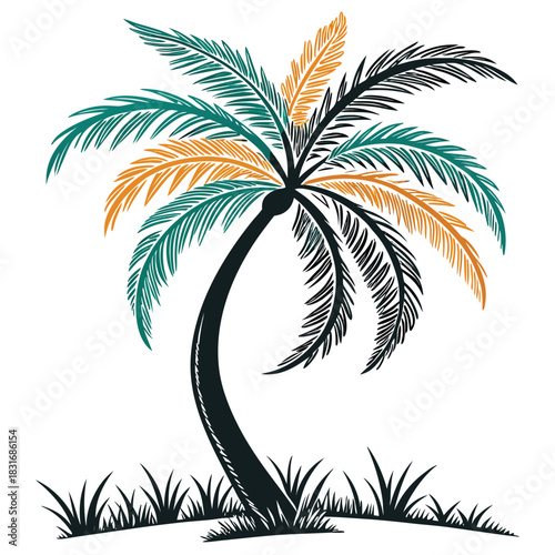 Vector illustration stylized illustration of a curved palm tree with multicolored fronds