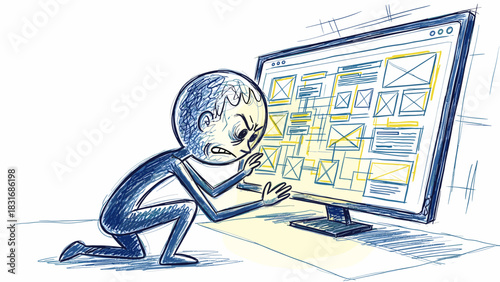Frustrated Stick Figure Developer Kneeling Before a Complex User Interface Design on a Computer Screen