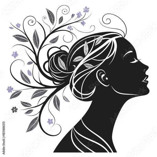 Vector illustration silhouette profile of a woman with elaborate hairstyle featuring flowing vines, leaves, and small flowers