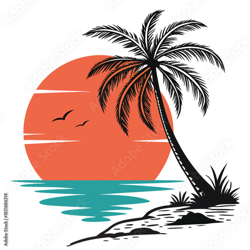 Vector illustration stylized black silhouette of a leaning palm tree against a large orange sunset over turquoise water