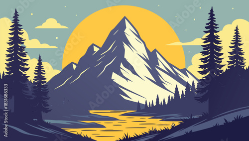Vector illustration stylized illustration of a majestic snowcapped mountain peak rising above a reflective river at sunset or sunrise