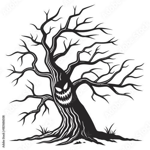Vector illustration spooky silhouette of a gnarled, dead tree with a scary, carved face in the trunk