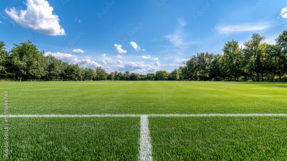 Obraz premium Green soccer field horizon with white line and trees under bright blue sky